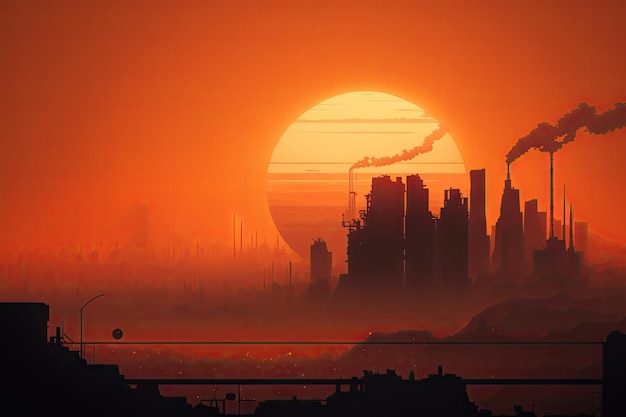 Smoky sunset over polluted city skyline