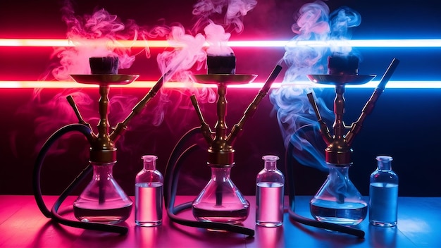 Smoky turkish hookahs with coals on bowls and water in flasks with red and blue neon lights on a da