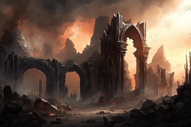 Smoldering ruins of a oncegreat city in mordor