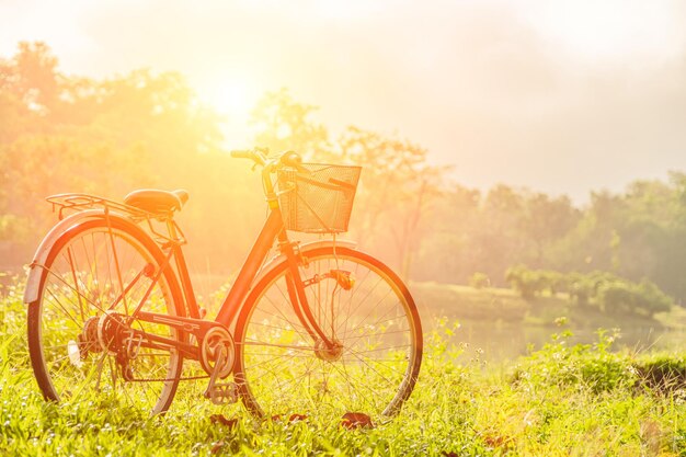 Smooth and beautiful scenery with a bike as the sun rises over the horizon vintage style light