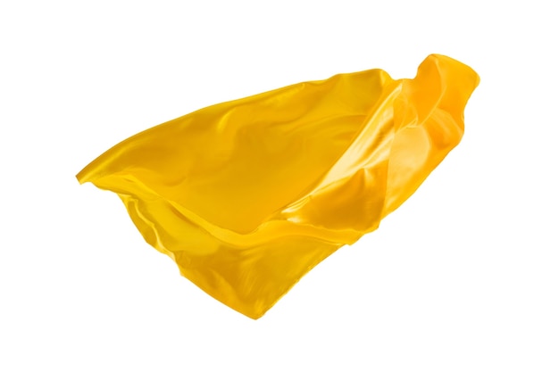 Smooth elegant transparent yellow cloth separated on white background.