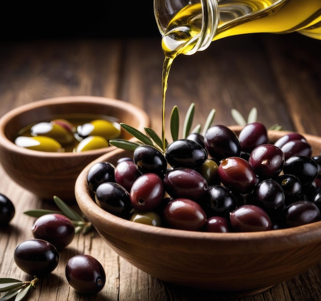 The smooth flow of olive oil being poured gracefully into a bowl a medley of olives