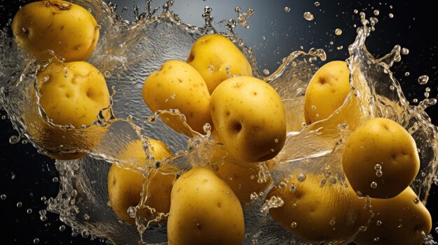 매끄러운 신선한 유기농 원시 감자 물에 떨어지는 채소와 스프레이