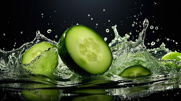 滑らかな新鮮な有機スライス 生の緑のキュウリ 野菜が水に落ちて飛び込みます