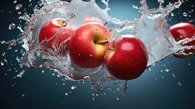 Гладкие свежие зрелые органические красные яблоки, разрезанные пополам и падающие в воду и брызги