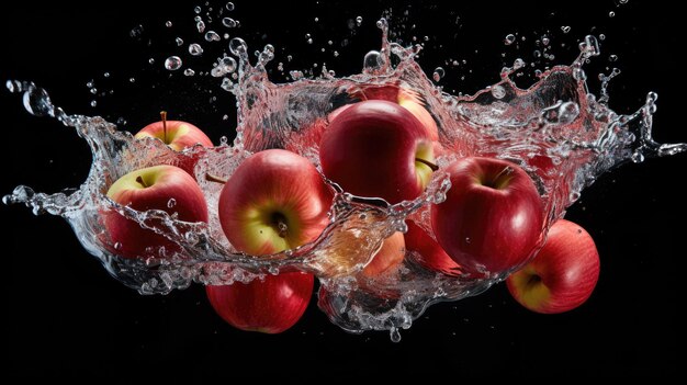 매끄럽고 신선하고 익은 유기농 은 사과 과일이 반으로 잘라서 물에 떨어지고 어집니다.