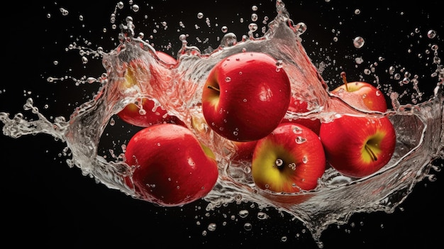 매끄럽고 신선하고 익은 유기농 은 사과 과일이 반으로 잘라서 물에 떨어지고 어집니다.