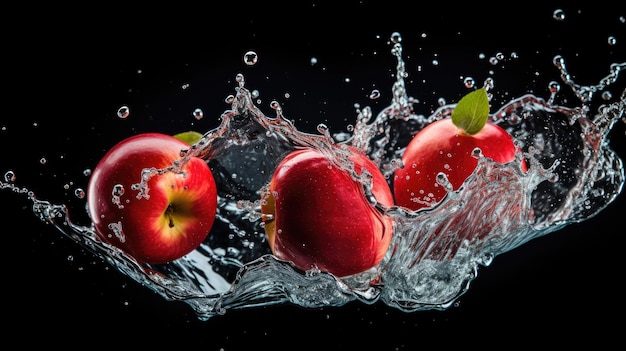 鮮やかで熟したオーガニックの赤いリンゴの果実を半分に切って水に落とし,スプラッシュします