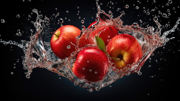 Smooth Fresh Ripe Organic Red Apple Fruit cut in half and falling into water and splashes