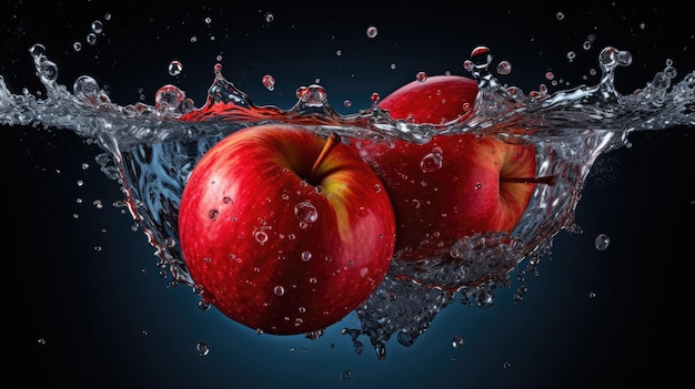 Гладкие свежие зрелые органические красные яблоки, разрезанные пополам и падающие в воду и брызги