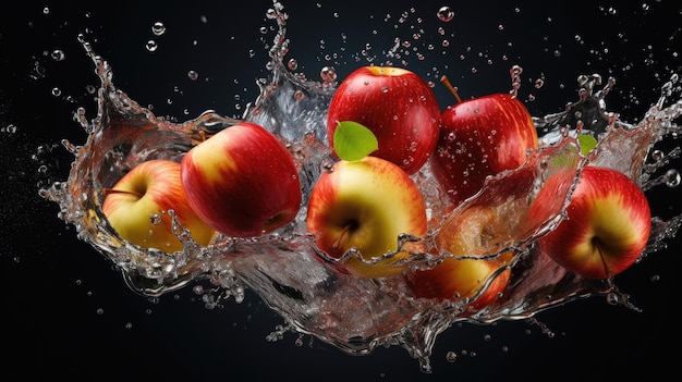 Smooth Fresh Ripe Organic Red Apple Fruit cut in half and falling into water and splashes