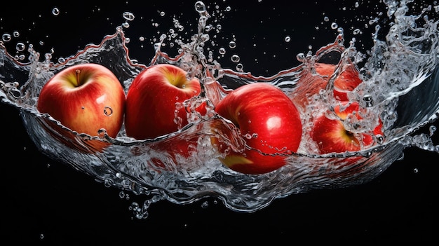 Фото Гладкие свежие зрелые органические красные яблоки, разрезанные пополам и падающие в воду и брызги