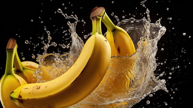 滑らかな新鮮な熟した有機の黄色いバナナの果実が水に落ちてスプラッシュします