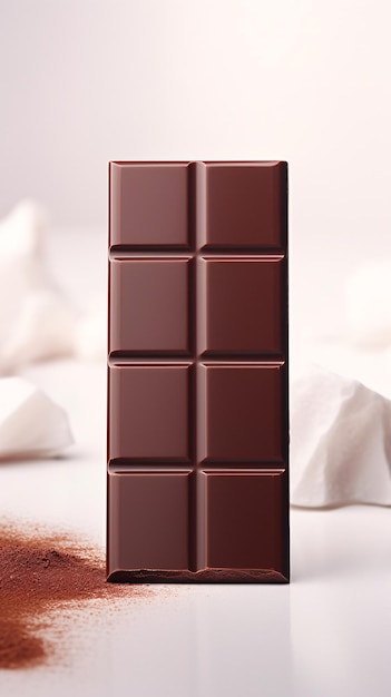 Гладкая глянцевая плитка шоколада, лежащая на белом льняном фоне с копировальным пространством справа