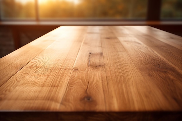 Smooth oak table in warm sunlight