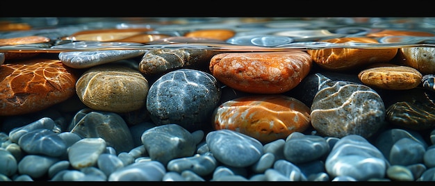 Photo smooth pebbles under clear stream water