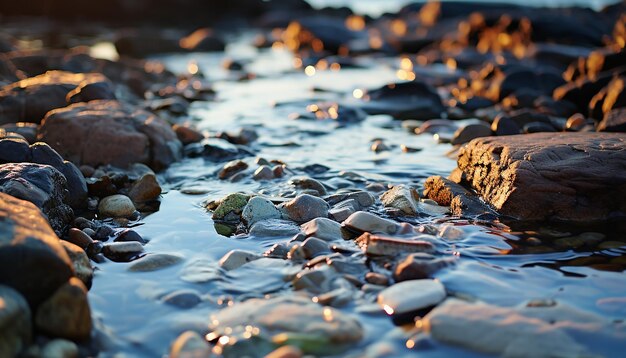 Photo smooth pebbles reflect sunset on tranquil coastline flowing water generated by ai