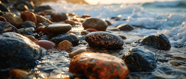 Smooth pebbles and rocks line the coastline inviting you to embrace the peaceful ambiance of natures beauty
