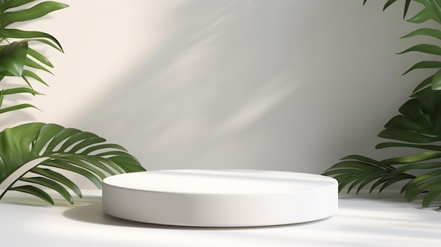 Smooth round white podium in sunlight tropical palm leaf shadow for on white table Generative AI