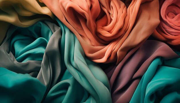 Smooth satin waves in vibrant colors create elegant textile backdrop generated by AI