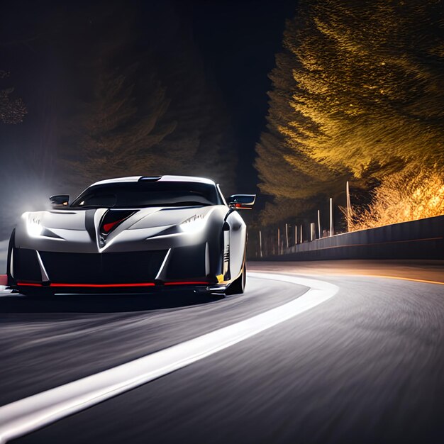 Smooth sleek sports car races through dark night with elegance