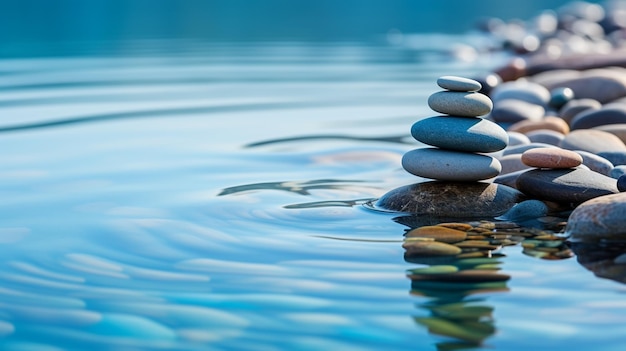 写真 水の中に置かれた滑らかな石の反射は、静けさの感覚を生み出し、魅力を呼び起こします。