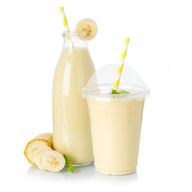 Smoothie bananensap drink milkshake milkshake in een bekerfles geïsoleerd op wit