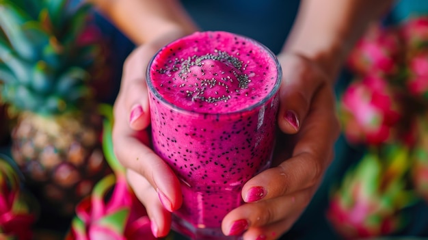 Smoothie bar with hands holding a vibrant dragon fruit smoothie