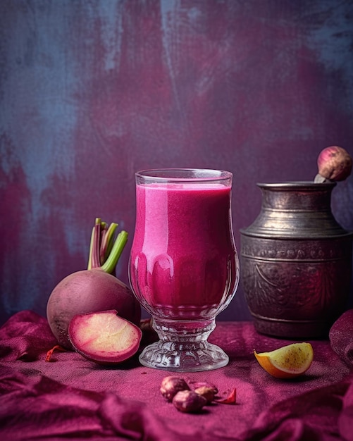 Молочный коктейль Smoothie Beetroot lassi с фруктами Beetroot в ресторане на заднем плане студии с садом