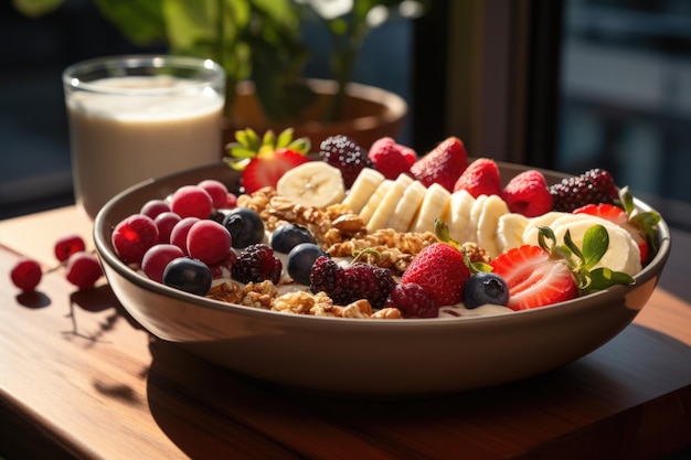 Smoothie Bowl decorated with fruits and granola served on a sunny balcony generative IA