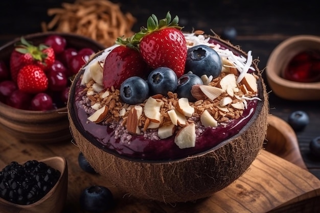 Smoothie bowl in een kokosbeker met bessen en fruit Generatieve AI