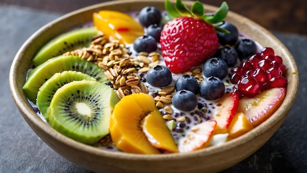 Smoothie bowl with fresh berries and oatmeal on wooden table Healthy breakfast concept