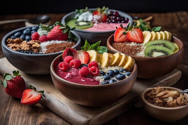 Smoothie bowl with mixins such as granola and fresh fruit created with generative ai