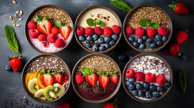 Smoothie bowls as nutritious breakfast topped with seeds and berries