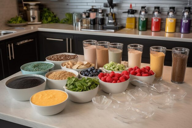 Smoothie- en shakebar met een verscheidenheid aan ingrediëntenmixen en toppings gemaakt met generatieve AI