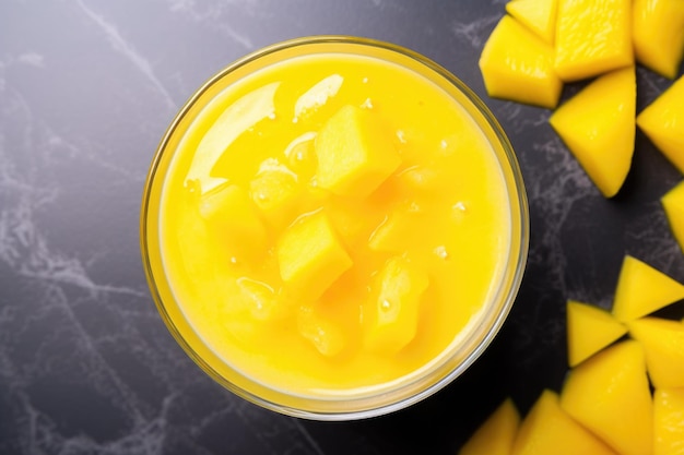 Foto bicchiere da frullato contenente un mix giallo di mango e ananas visto dall'alto