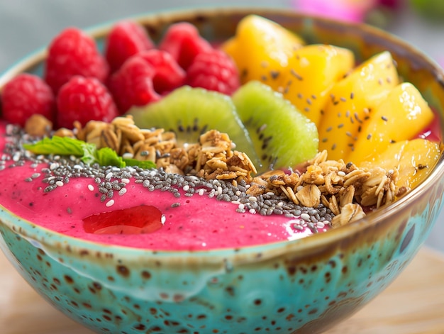 The smoothie is a bright pink color and is served in a coconut shell