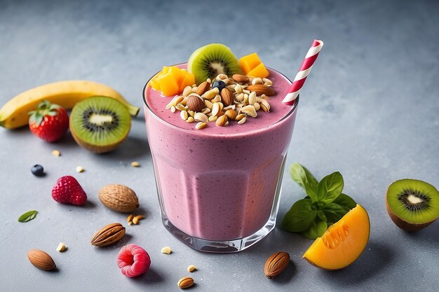 A smoothie made with a variety of fresh fruits and vegetables topped with a sprinkle ofnuts andseeds