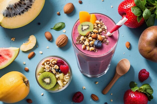A smoothie made with a variety of fresh fruits and vegetables topped with a sprinkle ofnuts andseeds