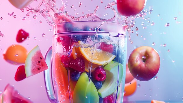 Photo smoothie mixer with drink and fruit flying ingredients isolated on pink background