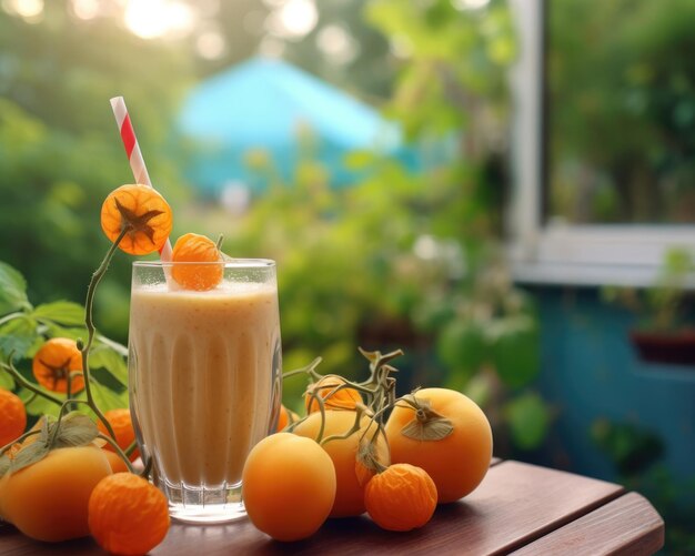 Smoothie Physalis lassi milkshake met gemalen kers in studio achtergrondrestaurant met tuin