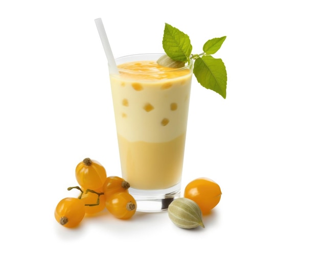 Smoothie Physalis lassi milkshake with ground cherry fruit in isolated white background studio shot