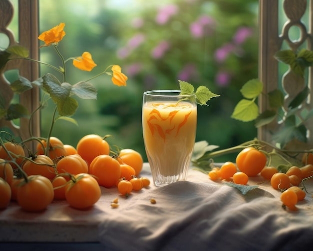 Smoothie Physalis lassi milkshake with ground cherry in studio background restaurant with garden