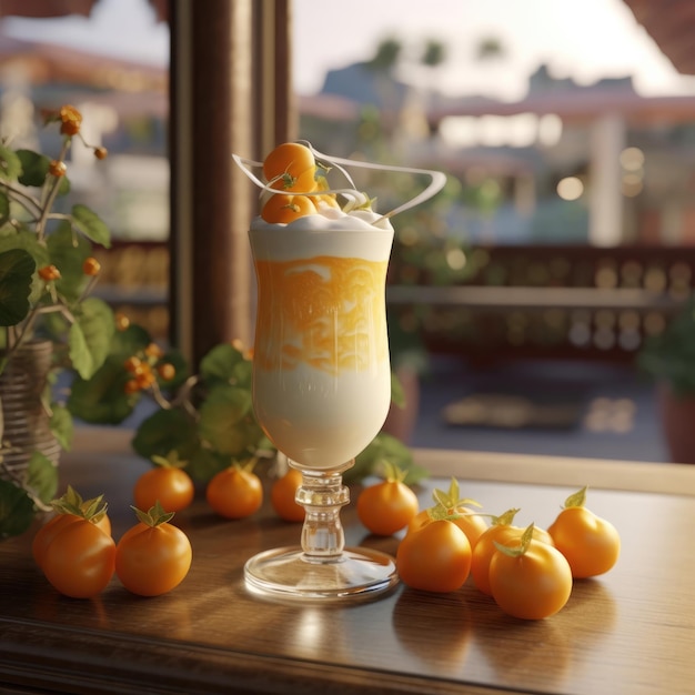 Smoothie Physalis lassi milkshake with ground cherry in studio background restaurant with garden