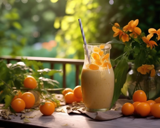 Smoothie Physalis lassi milkshake with ground cherry in studio background restaurant with garden