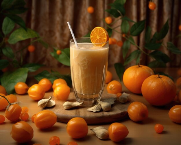 Smoothie Physalis lassi milkshake with ground cherry in studio background restaurant with garden