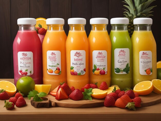 Smoothie in plastic bottles with fruits and vegetables on wooden background