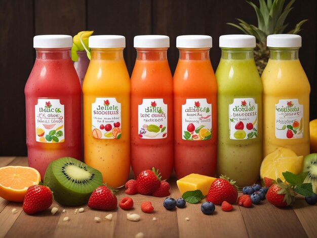 Smoothie in plastic bottles with fruits and vegetables on wooden background