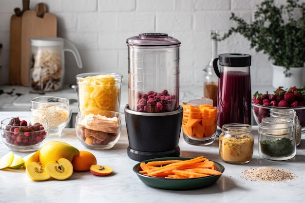 Smoothie preparation with ingredients and blender in view created with generative ai