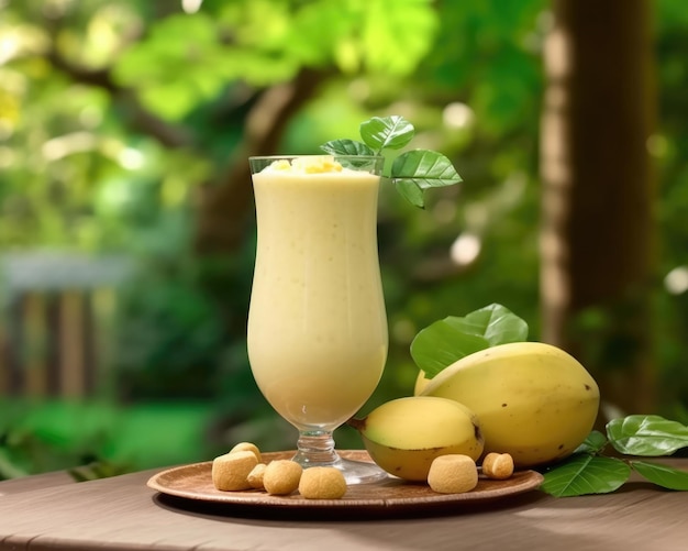 Smoothie sapota lassi milkshake with sapota fruit in studio background restaurant with garden